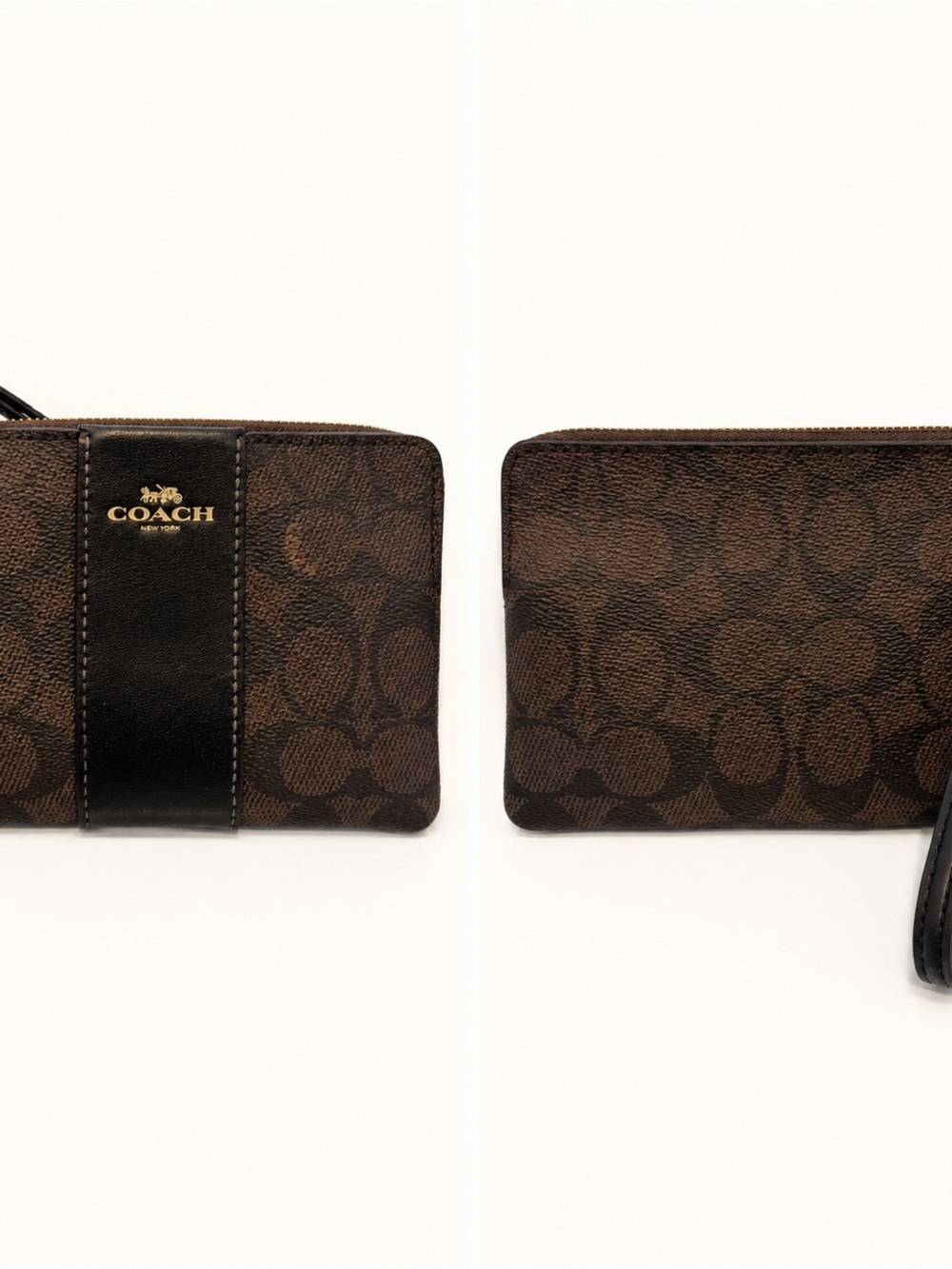 Coach Brown Signature Zip Wallet with Black Leather Stripe and Gold Logo